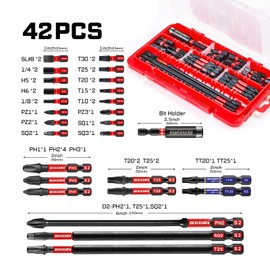 Geinxurn 42pieces Screwdriver Bits Set, Impact Magnetic S2 Steel Multi Insert Power Bits Tips with Impact Bit Holder with Storage Box（PH/TORX/SQ/PZ/HEX/SL）