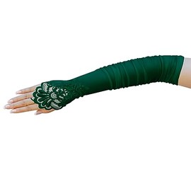 ZaZa Bridal Gathered Satin Fingerless Gloves w/Floral Embroidery Lace & Sequins-Hunter Green