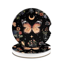 Car Cup Holder Coasters, 2 Pack Universal Auto Anti Slip Insert Coaster,Cerimac Car Coasters with A Finger Notch, Cute Car Assecories for Women Men, Cup Mat for Most Car Interior Butterfly