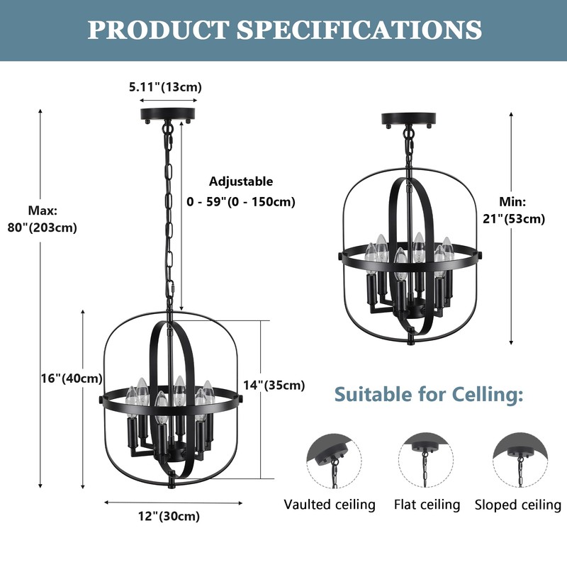 Black Chandelier 6-Light,Ellipse Farmhouse Chandeliers for Dining Room Light Fixture,E12