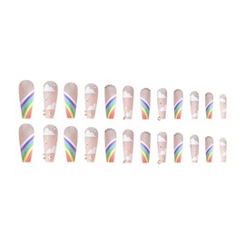 24PCS Cute Press on Nails Rainbow Coffin Fake Nails Full Cover False Nails Colorful Ballerina Nails Tips Acrylic Manicure With Glue for Women and Girls (Rainbow Fake Nails-M)