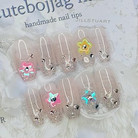 Glitter Flower Handmade Nail Tips - Oval S / 글리터 플라워 수제네일팁 - 오벌S