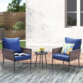 JOYURE 3-Piece Patio Furniture Set, Armchairs with Coffee Table,Modern Wicker Outdoor Conversation Set with Waterproof Thick Cushion for Deck,Backyard,Porch,Navy