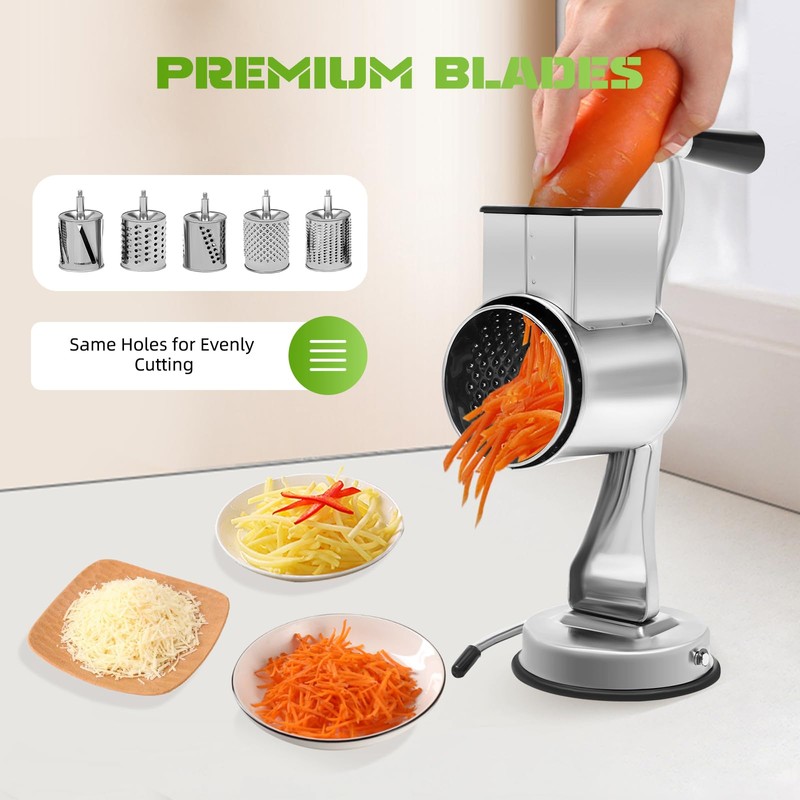 Stainless Steel Rotary Cheese Grater 5 Blades, Suction Cup Base,
