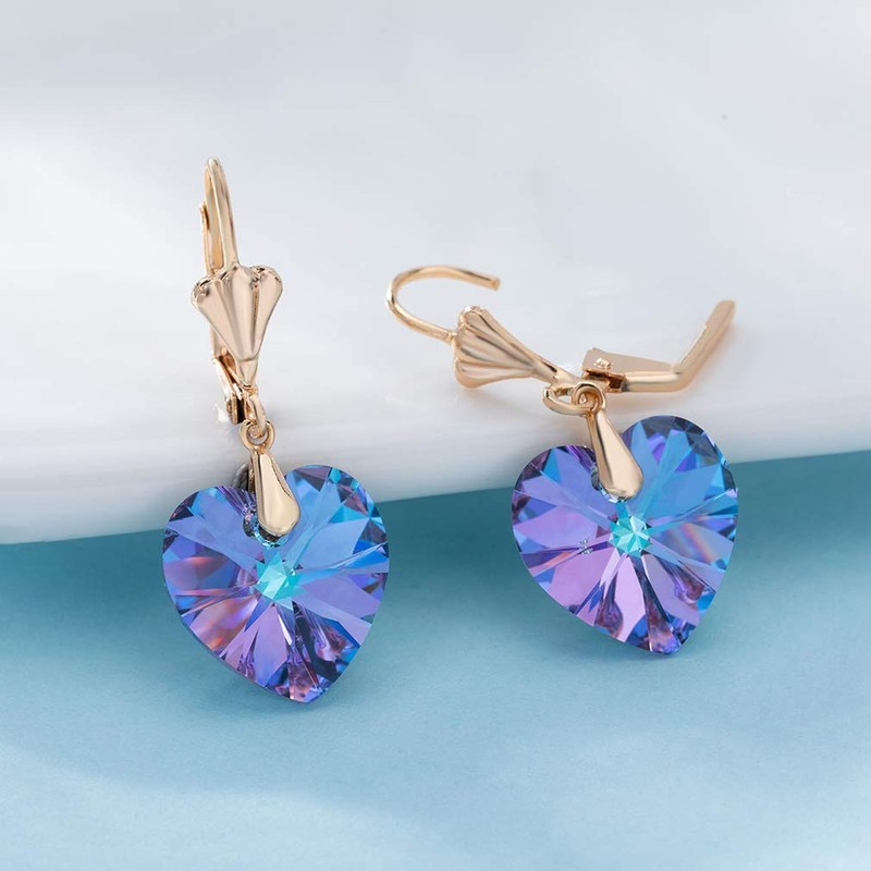 Austrian Crystal Heart Drop Leverback Earrings for Women Fashion Dangle