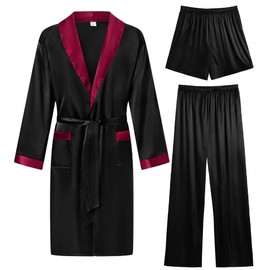 SWOMOG Men's 3 Pcs Robe Silk Satin Kimono Bathrobe with Shorts&Pants Set Lightweight Soft Sleepwear