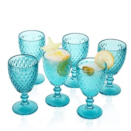 EVEREST GLOBAL Light blue Glass Goblet Set of 6 Wine Glasses, 10 oz with Diamond Pattern, Embossed High Clear Glassware for Party and Wedding