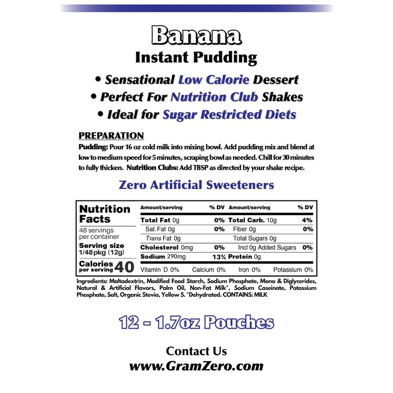 GramZero Banana Sugar Free Pudding Mix 12-Pack, Great For Nutrition