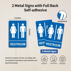 Restroom Sign - (2 Pack ) Metal Restroom Signs for Business with Strong Self-Adhesive, Bathroom Signs for Home Door or Wall, Ideal Unisex Restroom Signs for Women and Men, Easy to Install (Blue (Unisex), 9" x 6")
