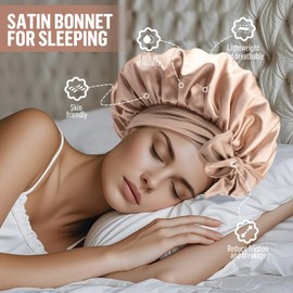 Galsangflower Silk Bonnet for Sleeping, Double Layer Silk Bonnet for Curly & Long Hair, Soft Statin Bonnets Adjustable Hair for Women Girls(Champagne)