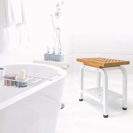Anthology Spa Maya Shower Bench Teak & Aluminum Bath Stool Chair Side Table Pure White