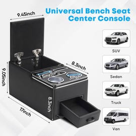 Universal Bench Seat Center Console, Center Console Organizer with Fast Phone Charging & Upgraded 7-Color Adjustable LED Lighting (Black)