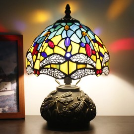 Small Tiffany Lamp Mini Stained Glass Table Lamp Yellow Dragonfly Style Mushroom Desk Light Memory Sympathy Lamp 8X11 Inch