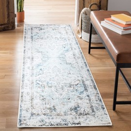 Bloom Rugs Washable Non-Slip 10 ft Runner - Red/Teal Blue/Yellow Traditional Medallion Runner for Entryway, Hallway, Bathroom, and Kitchen - Exact Size: 2.5' x 10'
