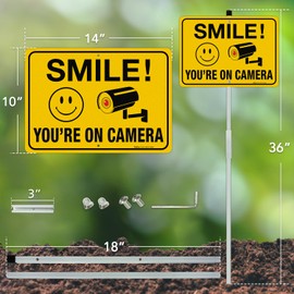 Faittoo Smile Your On Camera Signs with 36" Stake for Outside, 14"x10" Rust Free Heavy Aluminum, Reflective, Fade Resistant, 2 pre-drilled holes, Includes Matching Screws & Wrench, Easy to Mount