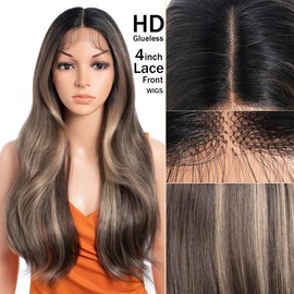 N BLE STAR Highlight Lace Front Wigs Synthetic Body Wave Wear 13x4x1 T-Part Lace 24 Inch Pre-Plucked HD Glueless Ombre Lace Front Wig for Black Women NTPDHL 1B/8/26R