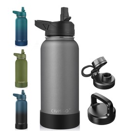 CIVAGO 32 oz Insulated Water Bottle With Straw, Stainless Steel Sports Water Cup Flask with 3 Lids (Straw, Spout and Handle Lid), Wide Mouth Travel Thermal Mug, Cool Gray