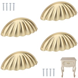 Brosay Shell Cup Handles Vintage Semi Circle Cabinet Knobs for Furniture Kitchen Cupboard Dresser Drawer Door Decorative Knob Double Hole Drawer Pulls 4 Pcs (Gold)