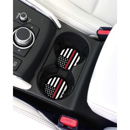 Elektroplate Firefighter Thin Red Line USA Flag Automotive Ceramic Coasters (2.6" Diameter) | Universal Fit for All Cars, Trucks, SUVs, and More | Absorbent Non-Slip Durable | Set of 2