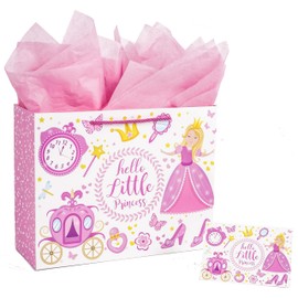 Lyforpyton Large Pink Gift Bags with Tissue Paper 12.6" Little Princess Gift Bags for Baby Girl Birthday Baby Shower