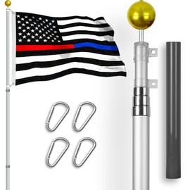 G128 Combo Pack: 16 Ft Telescoping Aluminum Flagpole (Silver) & Thin Blue Red Line American Flag 3x5 Ft, StormFlyer Series Embroidered 220GSM Spun Polyester | Pole with Flag Included