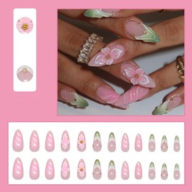 24 Pcs Spring Press on Nails Short Almond,YIHONGYAN Ombre Pink Fake Nails Press ons Flower Green French Acrylic Nail Art Tip Kit Glue on Nails Full Cover False Nails Glitter Stick on Nails Women