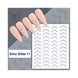 French Tips Nail Sticker Wave Line Irregular Swirl Stripe Silver Glitter Silver Glitter 11 Nail Wraps Stickers Manicure Supplies for Women Nails Full Long Lasting Easy Apply and Remove
