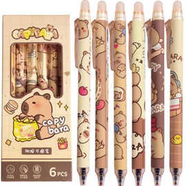 6 Pcs Capybara Erasable Gel Pens Retractable Pens - Erasable Gel Ink Pens Cute Cartoon Design, 0.5mm Fine Point Blue Ink, Perfect for Office, School