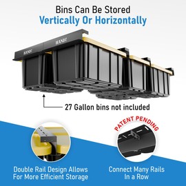 HANDT Overhead Garage Storage Rack, Connectable Heavy Duty Metal Ceiling Rails for Garage Storage Organization Shelving System, Hanging Racks for Tote Containers, Supports Up to 6 Bins, 4 Sets Black