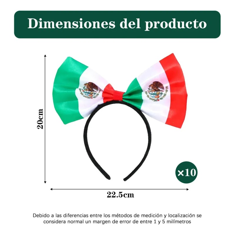 Set De 10 Diademas Con Moño De Bandera De México