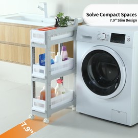 sunamon Slim Storage Cart, Bathroom Cart, 3 Tier Rolling Cart with Drawers, Narrow Storage Cart Organizer for Small Space in Bathroom, Laundry Room, Kitchen, Apartment, 7.87-inch Wide, White, Plastic