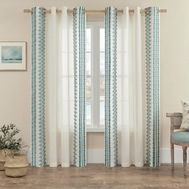 Boho Curtains 63 Inch Length 2 Panels Set Grommet Natural Linen Semi Sheer Curtains for Living Room Bedroom Privacy Vintage Bohemian Drapes Rustic Art Farmhouse Decor, 52x63 Inches Long, Teal Blue