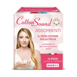 COTTON SOUND Ultra Day Wings Absorbent Pack of 12 100% Cotton Hydrophilic Hypoallergenic Dermatologically Tested Super Absorbent Multilayer Technology Made in Italy