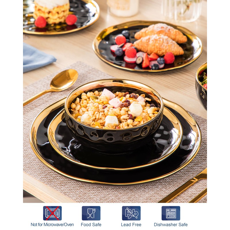 LOVECASA 12 Pieces Plates and Bowls Sets, Porcelain Black and