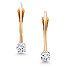 Gem Stone King 14K Yellow Gold White Moissanite Drop Dangle Leverback Earring For Women (0.13 Cttw, Round 2.5MM)