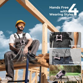 10000mAh Portable Waist Clip Fan,40H Cooling Personal Wearable Fan,5 Speeds 16000RPM Strong Belt Fan,Rechargeable Hands-free Neck Fan With Flashlight for Outdoor Jobsite Camping Traveling (Pink)