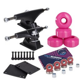 Cal 7 Skateboard Package Combo with 5 Inch / 129 Millimeter Trucks, 52mm 99A Wheels, Complete Set of Bearings and Steel Hardware (Black Truck + Pink Wheels)