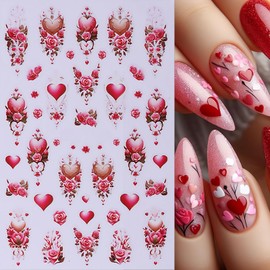 5Pcs Valentine's Day Nail Art Stickers Rose Heart Flower Nail Stickers 3D Self-Adhesive Love Heart Nail Decals Purple Pink Hollow Heart Nail Design Valentines Nail Supplies for Women Wedding Manicure