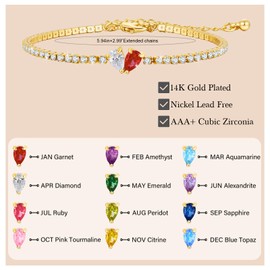 Birthstone Tennis Bracelet for Women - 14k Gold Plated Adjustable 2mm Tennis Chain with February Created Amethyst Brithstone Heart Bracelets for Her Mom Wife Girlfriend Anniversary Birthday Gift