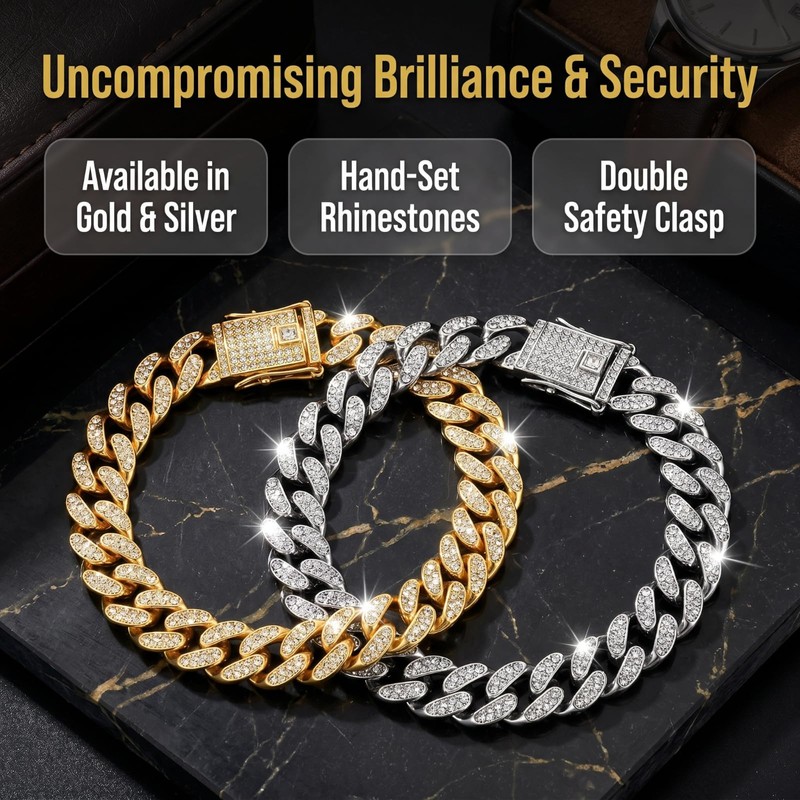Cat Chain Collar with Diamond Rhinestones, 2PCS Cuban Link Pet