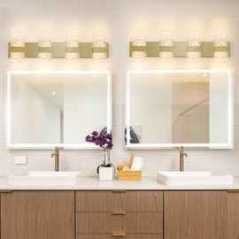 Gold Vanity Lights Fixtures for Bathroom, LED Crystal Wall Light Over Mirror, 8-Lights Brushed Brass Dimmable Wall Sconce for Bathroom Lighting Fixture, Acrylic Hardwired Wall Lamp(H9.25in, L28.35in)