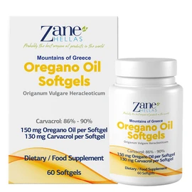 Zane Hellas 130 mg Carvacrol - 150 mg Oregano Oil per Softgel. World Highest Concentration Oregano Oil Capsule. Softgel Contains 30% Greek Essential Oil of Oregano. 60 Softgels.