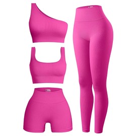 OIERD 4 Piece Workout Sets For Women Ribbed Leggings Clothes Yoga Sets Active Wear Cute Matching Work Out Sets Gym Pilates Outfits For Women Set Purple Red,L