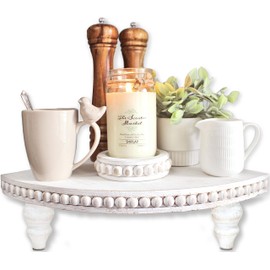 Corner Pedestal Stand Rustic Decor Riser for Display - Farmhouse Wood Rounded Beaded Tray for Kitchen and Bathroom Countertop Organizer, Coffee Bar, Plant Stand with Removable Feet (Rustic White)