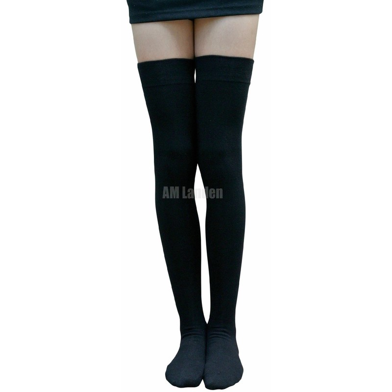 AM Landen Black Non-Slip Cotton Thigh High Socks Thick Cotton