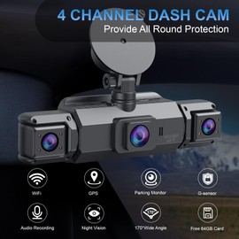 AFYWO 4 Channel Dash Cam, Front and Rear, 360 Dash Camera for Cars, 1080P FHD x4, Front 2K+1080P*2 Inside Camera, Built-in WiFi, GPS, Night Vision, 24/7 Recording Parking Mode Monitor, Free 64G Card