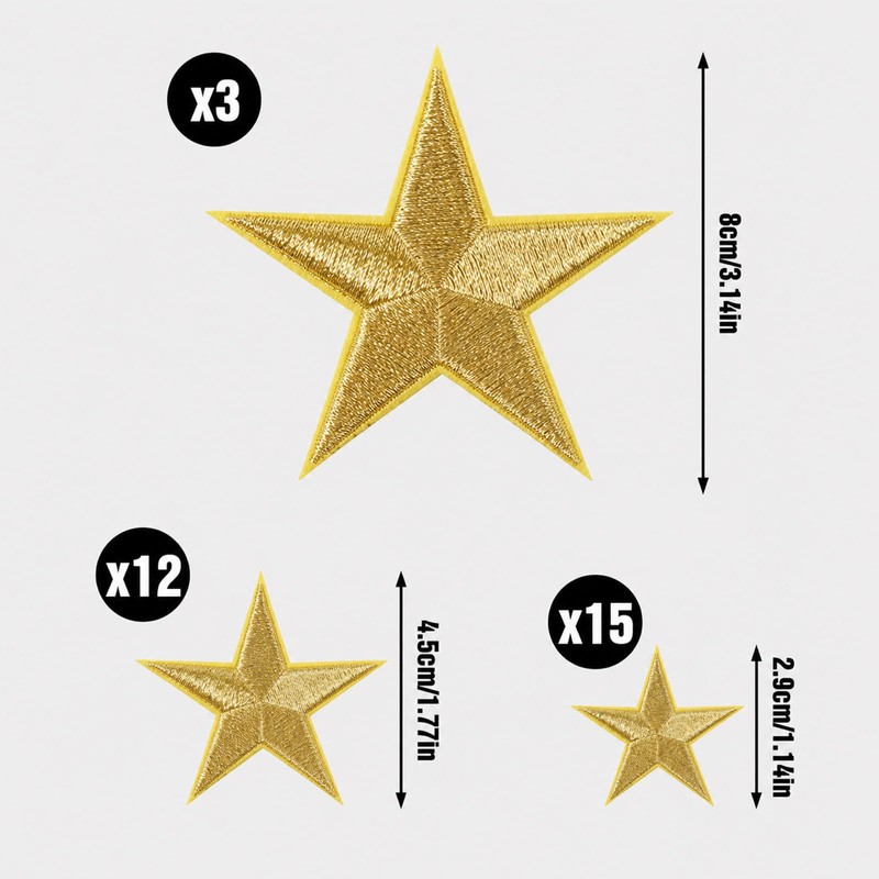 30Pcs Gold Star Iron on Patch, 3 Sizes Gold Embroidered