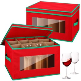 Locmeo 2 Pcs Christmas Wine Glass Storage Box with Dividers Stemware Storage Cases Holiday China Storage Chest Containers Organizer with Lid and Handles for Glassware Moving and Protection
