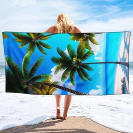 YISUMEI Blue Sea Coconut Tree Beach Towels for Adults Extra Large 180x90cm, Microfibre Quick Dry Towel for Travel Swimming Camping Sports