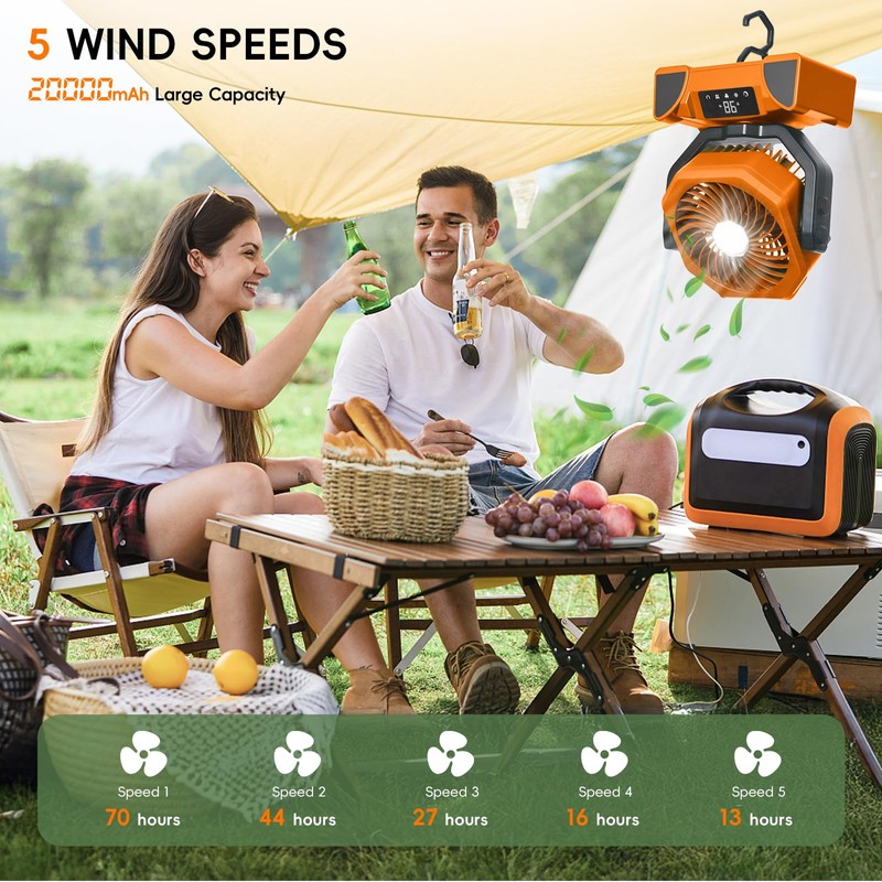 20000mAh Solar Camping Fan, Portable Rechargeable Battery & Solar Powered